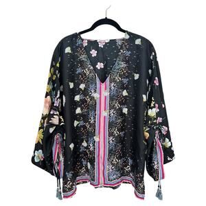 Johnny Was Womens Small Top Blouse Boho Silk Floral Print Black Daisy Tassels